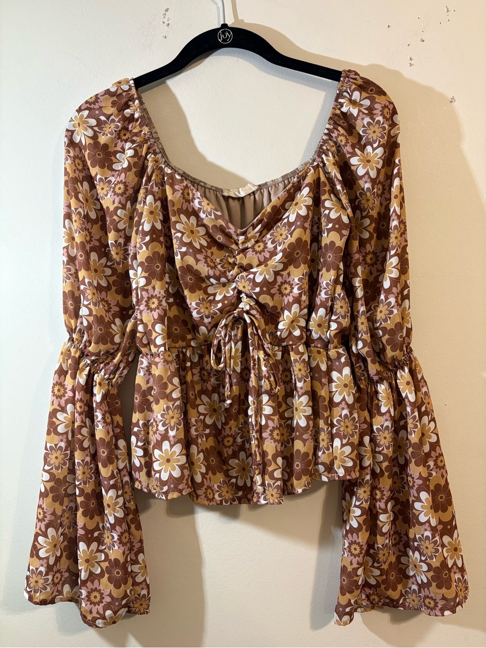 Altar’d State blouse women’s small Brown Floral Tie-Front babydoll bell sleeve